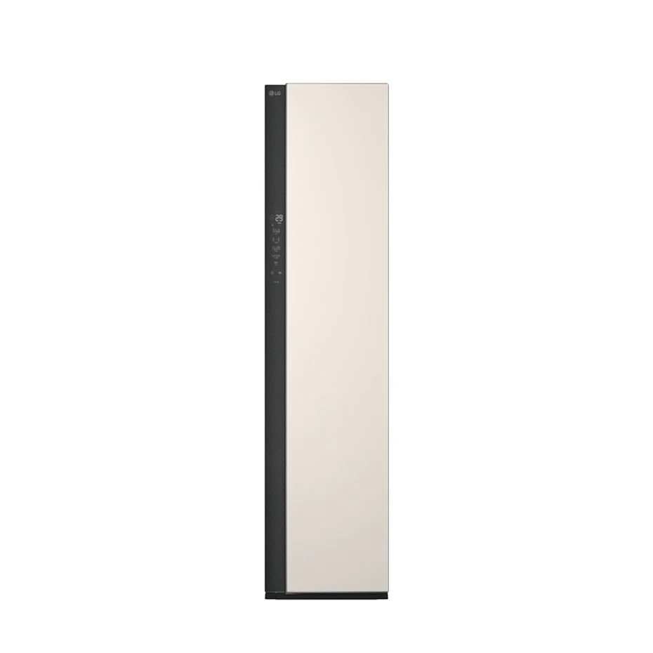 스타일러가 회전하며 각 사이즈를 보여줍니다. 제품의 크기는 폭 445mm, 높이 1,850mm, 깊이 600mm입니다. 스타일러 도어의 색상이 전환되며 다양한 컬러 옵션을 설명하고 있습니다.