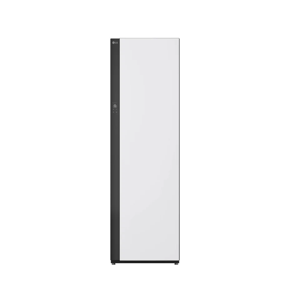 스타일러가 회전하며 각 사이즈를 보여줍니다. 제품의 크기는 폭 600mm, 높이 1,965mm, 깊이 620mm입니다. 스타일러 도어의 색상이 전환되며 다양한 컬러 옵션을 설명하고 있습니다.