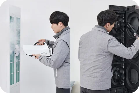 전문가가 제품 내부를 고압세척과 스팀으로 세척하는 모습