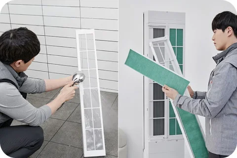전문가가 제품의 공기청정필터를 교체하는 모습