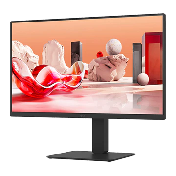 은은한 핑크빛 3D 오브젝트 아트워크 화면이 켜져 있는 블랙 색상의 LG 모니터 전측면 제품 이미지.