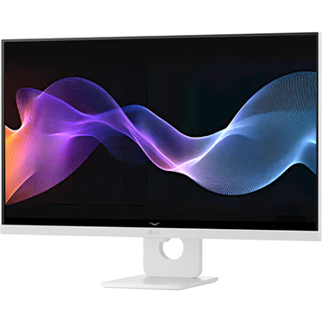 webOS 스마트 TV 플랫폼 홈 화면이 켜져 있는 화이트 색상의 LG 스마트 모니터 전측면 제품 이미지.