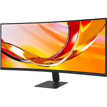 화려한 오렌지빛 곡선 그래픽 화면이 켜져 있는 블랙 색상의 LG 울트라와이드 모니터 전측면 제품 이미지.