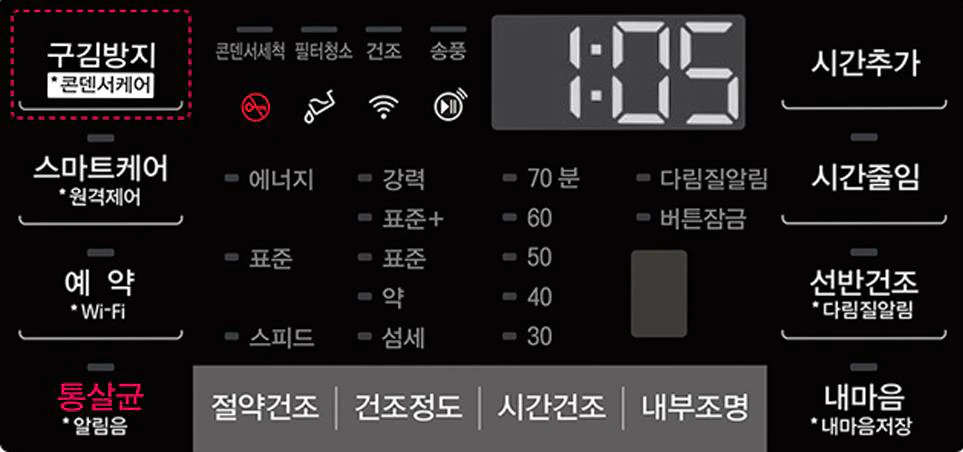 건조기 작동을 위한 설정 화면