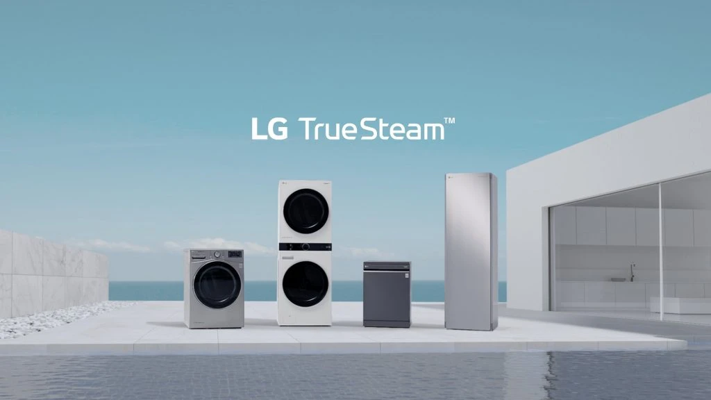 LG 트루스팀 광고영상 중 건조기, 스타일러, 식기세척기, 원바디 세탁건조기 트롬 워시타워 등 주요 적용 제품을 소개하는 장면