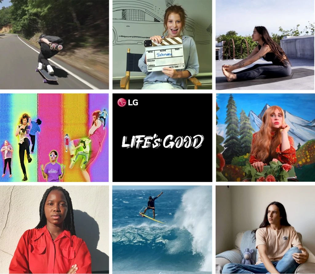 LG전자가 MZ세대의 다양하고 무한한 가능성을 응원하는 ‘Life’s Good’ 영상을 공개했다. 10대 감독이 연출한 이 영상은 환경 운동가, 여성 인권 운동가, 미디어 아티스트, 다국적 밴드 등으로 활약하고 있는 MZ세대들의 도전과 열정을 담았다. (왼쪽 상단부터 시계방향으로) 스케이트보더 겸 영상제작사 CEO '조쉬 뉴먼(Josh Neuman)', 영상을 연출한 아멜리아 콘웨이(Amelia Conway) 감독, 요가 크리에이터 '히토미 모치즈키(Hitomi Mochizuki)', 미디어 아티스트 '마리스 존스 (Maris Jones)', 래퍼 겸 환경운동가 '시우테즈칼 마르티네즈(Xiuhtezcatl Martinez)', 프로서퍼 겸 해양환경운동가 '카이 레니(Kai Lenny)', 영화감독 겸 여성인권운동가 '아이샤 세리프(Aicha Cherif)', 다국적밴드 '슈퍼올가니즘(Superorganism)'