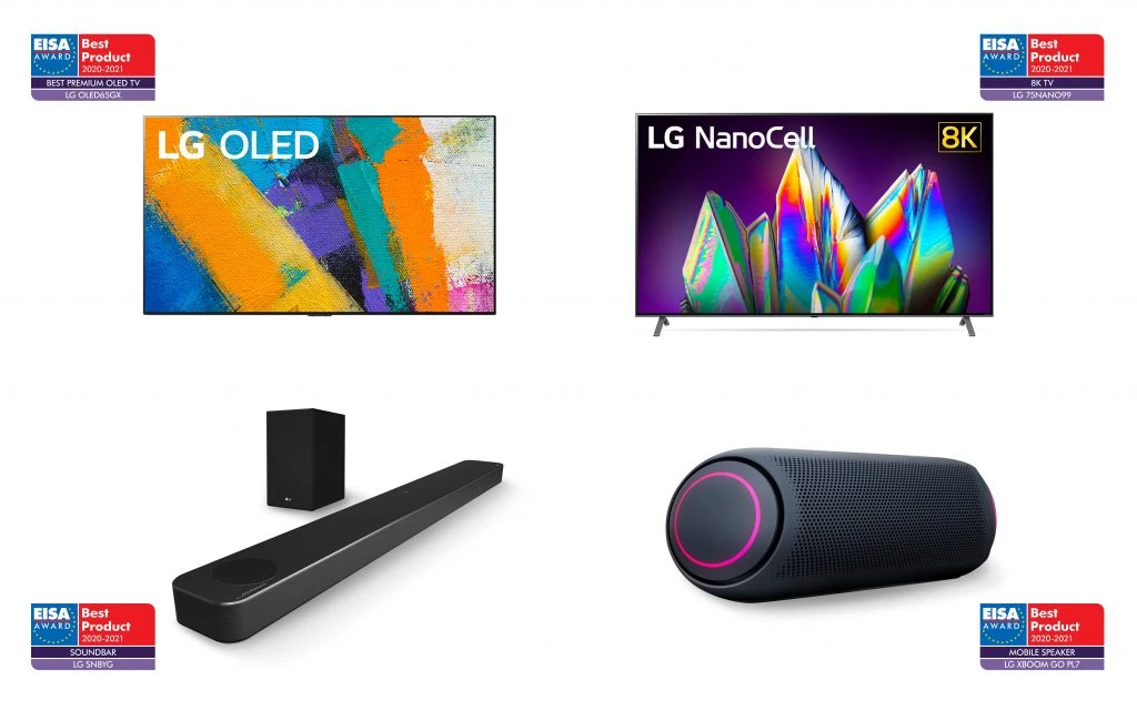 EISA 어워드를 수상한 제품 사진. 왼쪽 상단부터 시계방향으로 LG 올레드 갤러리 TV, LG 나노셀 8K TV, LG 엑스붐 고 스피커, LG 사운드 바. EISA 어워드를 수상한 제품 사진. 왼쪽 상단부터 시계방향으로 LG 올레드 갤러리 TV, LG 나노셀 8K TV, LG 엑스붐 고 스피커, LG 사운드 바.
