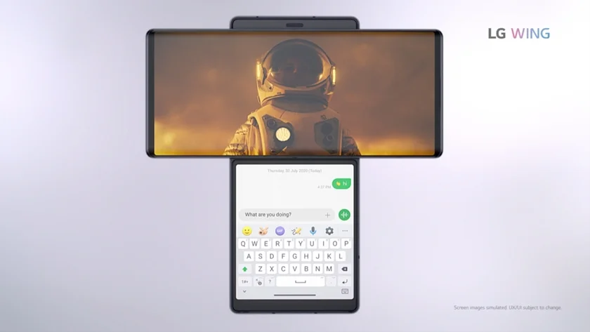 LG 윙의 스위블 모드에서 세 손가락으로 화면을 쓸어 넘기는 동작만으로 메인/세컨드 스크린 화면이 이동하는 장면. LG 윙의 스위블 모드에서 세 손가락으로 화면을 쓸어 넘기는 동작만으로 메인/세컨드 스크린 화면이 이동하는 장면.