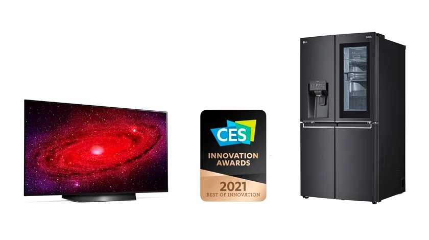 왼쪽부터 CES 최고 혁신상을 받은 48형 LG 올레드 TV와 음성인식 인스타뷰 냉장고.