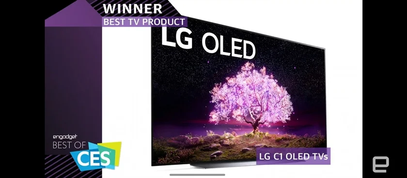 LG 올레드 TV가 미 동부시간 13일 오후(한국시간 14일 아침) CES 공식 어워드 파트너인 엔가젯(Engadget)이 시상하는 CES 2021 최고상(2021 Best of CES Awards)에서 최고 TV(Best TV Product)로 선정됐다. LG 올레드 TV는 7년 연속으로 CES 공식 어워드의 최고 TV 상을 수상하는 영예를 얻었다. 사진은 엔가젯의 CES 2021 최고상 시상식 장면 캡쳐.