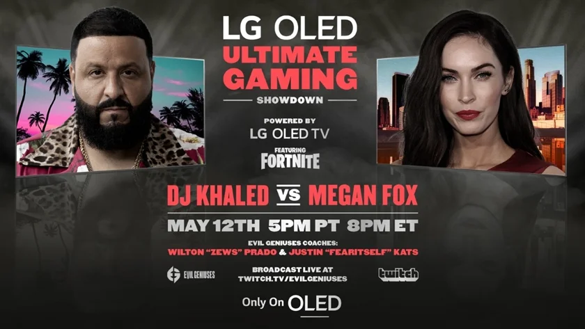 LG전자가 올레드 TV 고객들을 위한 다양한 콘텐츠를 제공하는 '오직 올레드에서만(Only on OLED)' 캠페인을 진행한다. 사진은 현지시간 12일 LG FOMO 채널에서 독점 공개되는 음악 프로듀서 DJ 칼리드(DJ Khaled)와 영화배우 메간 폭스(Megan Fox)의 게임 대결 예고 이미지