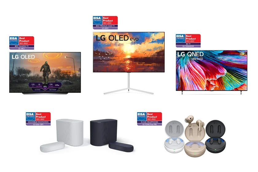 왼쪽부터 시계방향으로 48형 LG 올레드 TV, LG 올레드 에보, LG QNED MiniLED, LG 톤 프리, LG 사운드 바 에클레어. 왼쪽부터 시계방향으로 48형 LG 올레드 TV, LG 올레드 에보, LG QNED MiniLED, LG 톤 프리, LG 사운드 바 에클레어.