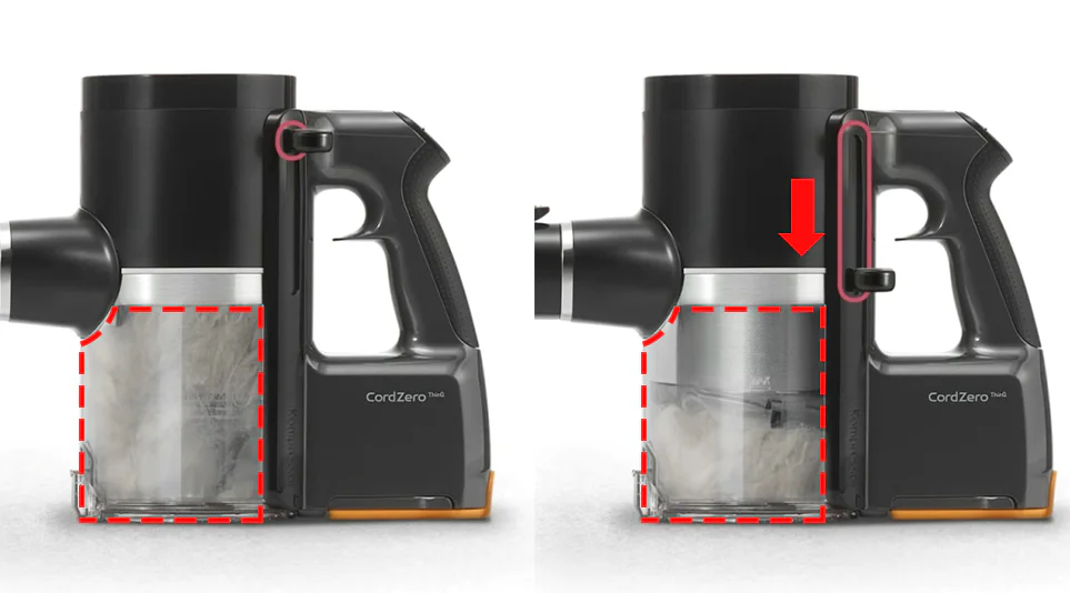 레버 하나로 먼지를 간편하게 먼지를 배출하도록 돕는 LG 코드제로 A9S의 간편 비움 시스템