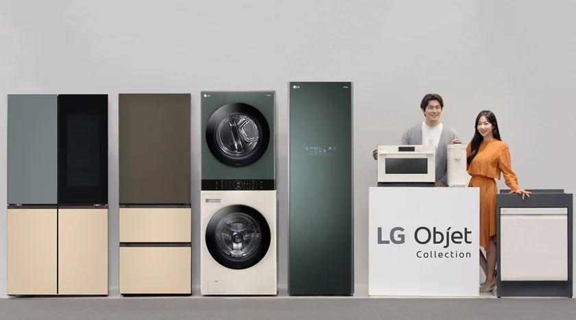 왼쪽부터 LG 오브제컬렉션 상냉장 하냉동 냉장고, 김치 냉장고, 워시타워, 스타일러, 광파오븐, 정수기, 식기세척기. . 왼쪽부터 LG 오브제컬렉션 상냉장 하냉동 냉장고, 김치 냉장고, 워시타워, 스타일러, 광파오븐, 정수기, 식기세척기.