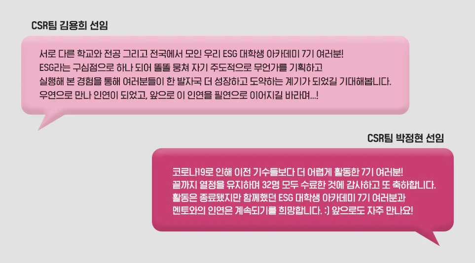 LG전자 ESG 대학생 아카데미 7기 멘토들이 참여자들에게 전달하는 메시지