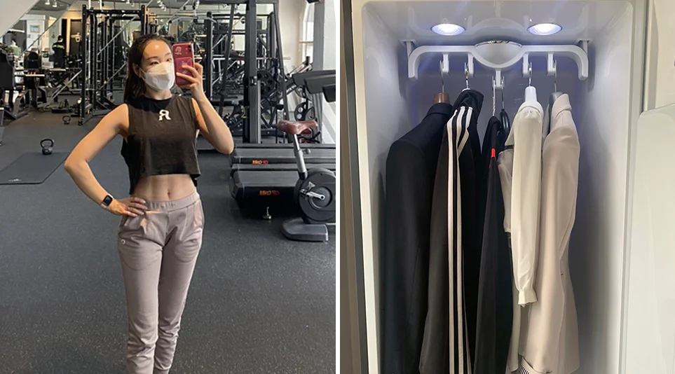 (좌) 퇴근 후 헬스장에서 운동하는 레이라님, (우) 입은 옷들을 새 옷처럼 관리해 주는 LG 스타일러 (좌) 퇴근 후 헬스장에서 운동하는 레이라님, (우) 입은 옷들을 새 옷처럼 관리해 주는 LG 스타일러