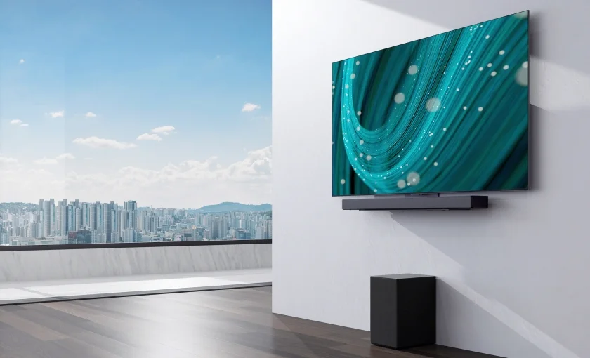 LG 올레드 TV에 최적화된 디자인과 사운드로 시청경험을 극대화하는 'LG 사운드바' 신제품의 연출 이미지 LG 올레드 TV에 최적화된 디자인과 사운드로 시청경험을 극대화하는 'LG 사운드바' 신제품의 연출 이미지