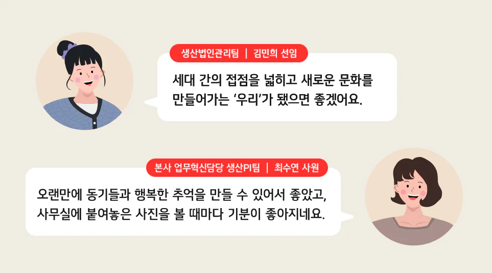 인생네컷 행사에서의 특별 경험을 공유하는 LG전자 임직원들의 코멘트
(위쪽부터) 법인관리팀의 김민희 선임- 세대 간의 접점을 넓히고 새로운 문화를 만들어가는 '우리'가 되면 좋겠어요. 본사 업무혁신담당 생산 PI팀 최수연 사원- 오랜만에 동기들과 행복한 추억을 만들 수 있어서 좋았고, 사무실에 붙여놓은 사진을 볼 때마다 기분이 좋아지네요