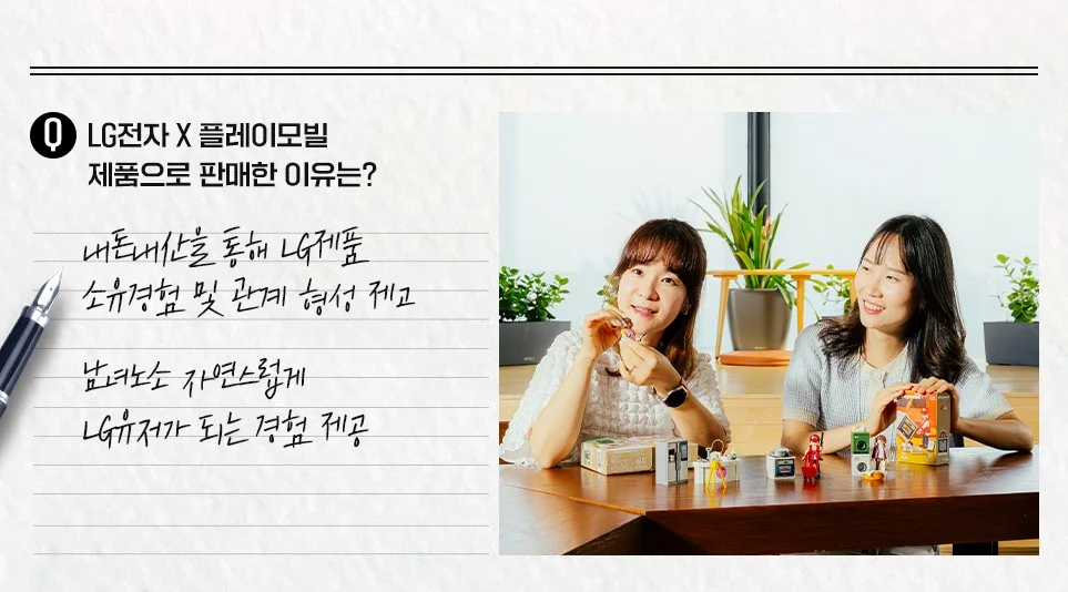 LG전자 플레이모빌을 기획한 김혜진 책임이 플레이모빌 피규어를 들어서 설명하고 있다. 테이블에는 각종 피규어 굿즈들이 나열되어 있고 뒤에는 화사한 화초와 화분들이 놓여있다. 왼쪽에 텍스트로 'LG전자 X 플레이모빌 제품으로 판매한 이유는? 내돈내산을 통해 LG제품 소유경험 및 관계 형성 제고, 남녀노소 자연스럽게 LG유저가 되는 경험 제공' 이라고 쓰여있다.
