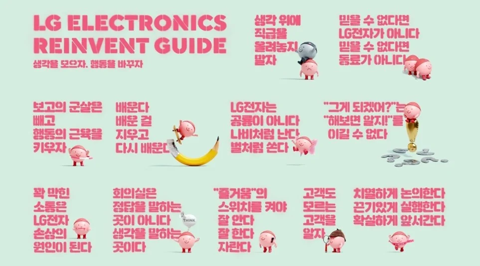 LG ELECTRONICS REINVENT GUIDE
생각을 모으자. 행동을 바꾸자
- 보고의 군살은 빼고 행동의 근육을 키우자
- 배운다. 배운 걸 지우고 다시 배운다.
- LG전자는 공룡이 아니다. 나비처럼 난다. 벌처럼 쏜다
- "그게 되겠어"는 "해보면 알지!"를 이길 수 없다
-꽉 막힌 소통은 LG전자의 손상의 원인이 된다
- 회의실은 정답을 말하는 곳이 아니다. 생각을 말하는 곳이다.
- "즐거움"의 스위치를 켜야 잘 안다, 잘 한다, 자란다.
- 고객도 모르는 고객을 알자
-치열하게 논의한다. 끈기있게 실행한다. 확실하게 앞서간다
