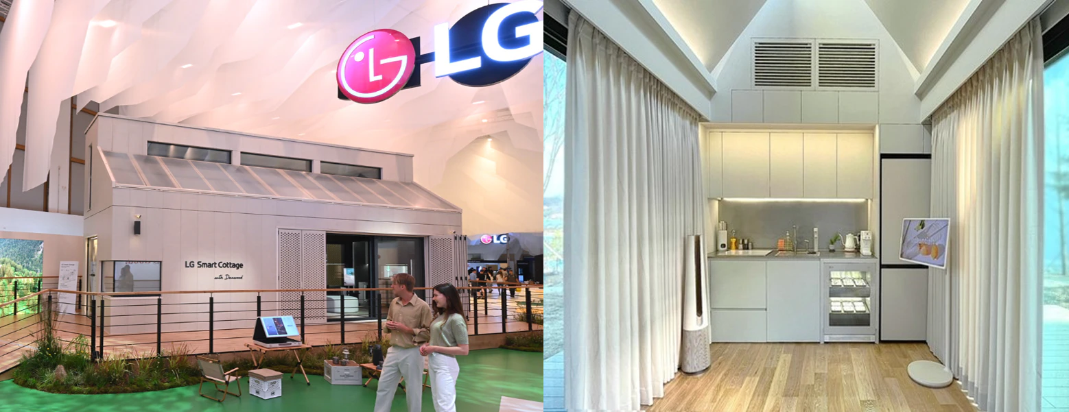 LG전자의 세컨드하우스형 소형 모듈러 주택, LG 스마트코티지의 외관(좌)와 내부 전경(우)