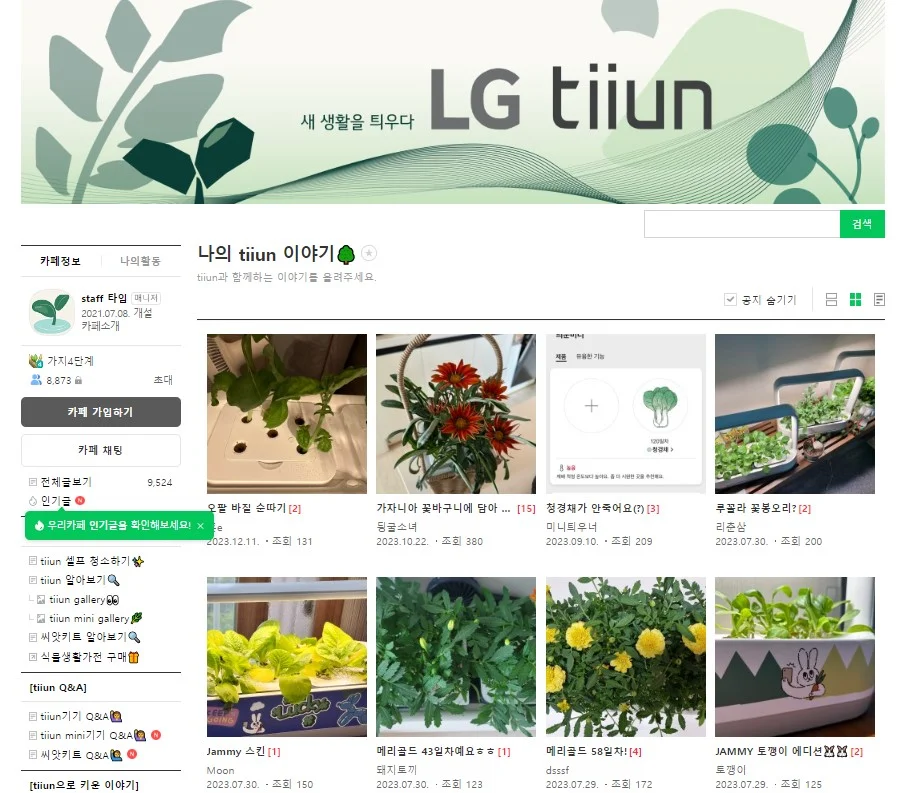 LG 틔운 공식 카페에서 다양한 팁을 공유하는 식집사들
