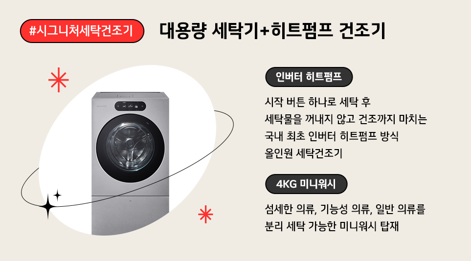 시작 버튼 하나로 세탁 후 세탁물을 꺼내지 않고 건조까지 마치는 국내 최초 인버터 히트펌프 방식 올인원 세탁건조기