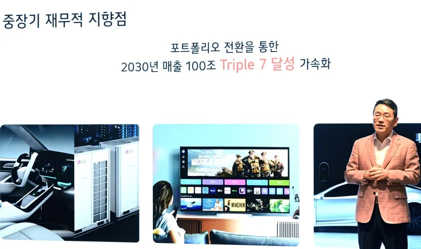 LG전자 조주완 CEO가 26일 서울 여의도 LG트윈타워에서 열린 제 22기 정기 주주총회에서 주주들에게 중장기 전략방향을 설명하고 있다.