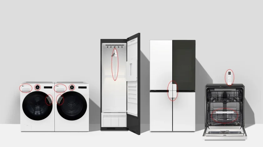 LG전자가 누구나 손쉽게 가전을 사용하도록 돕는 ‘LG 컴포트 키트(Comfort Kit)’를 이달 출시한다. LG 컴포트 키트는 성별이나 나이, 장애 유무와 상관 없이 모든 고객이 LG전자 생활가전을 손쉽게 사용하도록 유니버설 디자인으로 설계됐다. (사진 왼쪽부터) LG 컴포트 키트가 적용된 세탁기, 건조기, 스타일러, 냉장고, 식기세척기, 에어컨 리모컨(오른쪽 위).