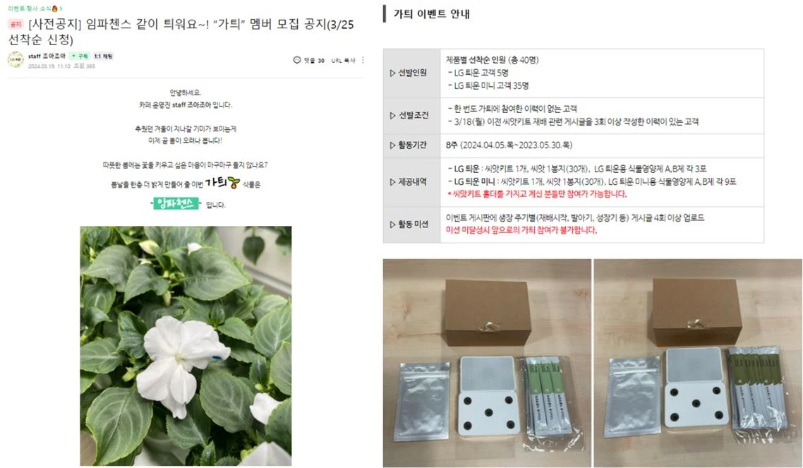카페 회원을 대상으로 출시되지 않은 씨앗을 함께 키워보는 ‘가틔’ 이벤트