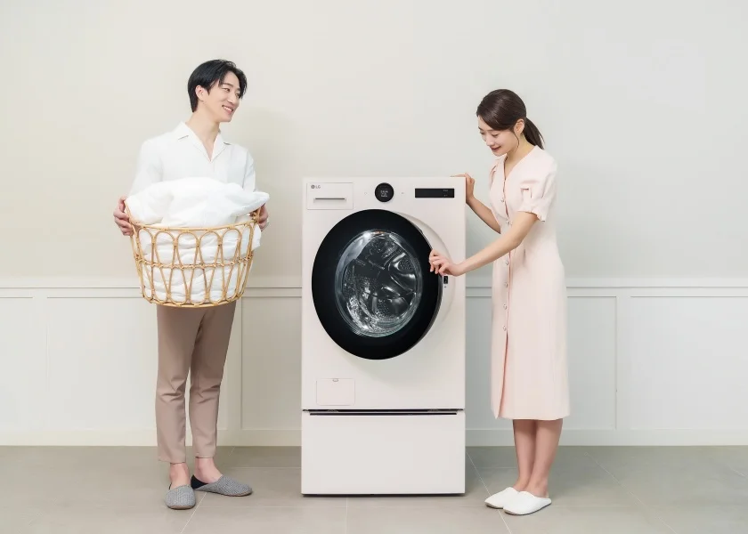 트롬 워시콤보는 세탁과 건조 용량이 각각 25kg, 15kg인 올인원 세탁건조기로 사진은 모델들이 워시콤보(미니워시 포함)를 체험하는 모습.