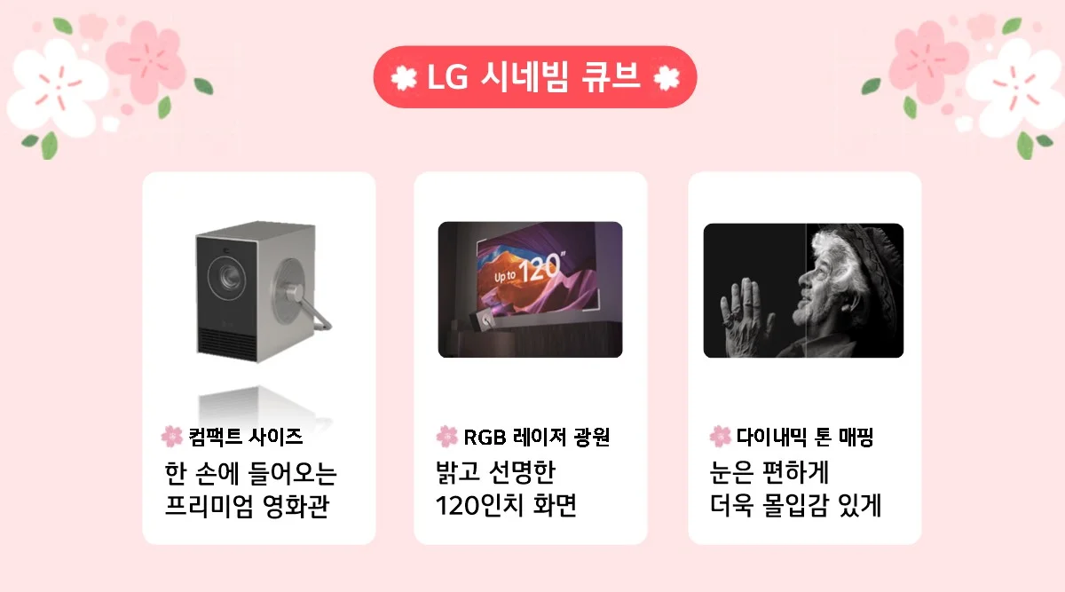 컴팩트한 사이즈에 밝고 선명한 초대형 화면을 구현하는 LG 시네빔 큐브