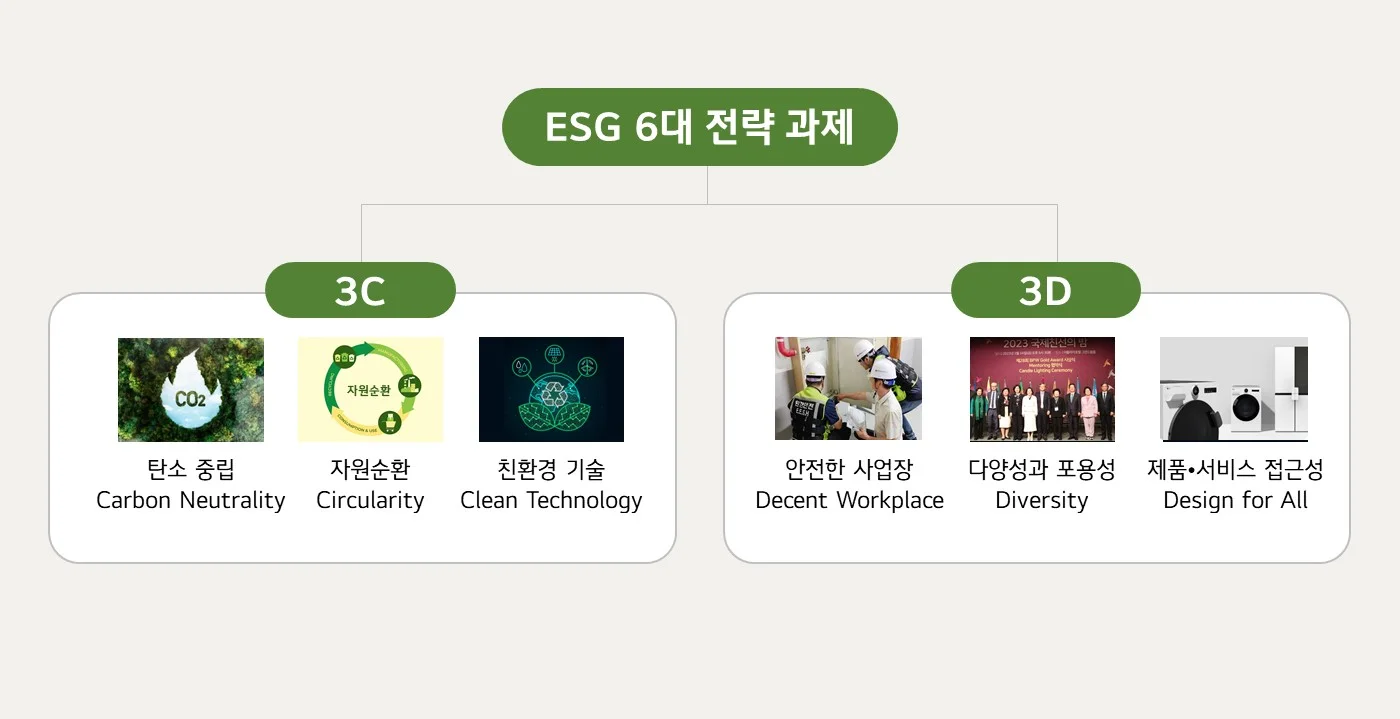 LG전자가 선정한 6대 ESG 전략과제. 
3C 탄소 중립 Carbon Neutrality, 자원순환 Circularity, 친환경 기술 Clean Technology,
3D 안전한 사업장 Decent Workplace, 다양성과 포용성 Diversity, 제품•서비스 접근성 Design for All





