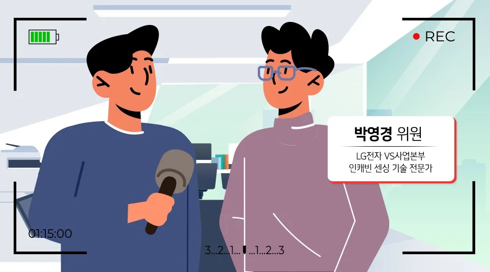 모빌리티 인사이드 인터뷰이(왼)와 LG전자 VS사업본부 인캐빈 센싱 기술 전문가 박영경 위원(오) 를 촬영중인 카메라 화면