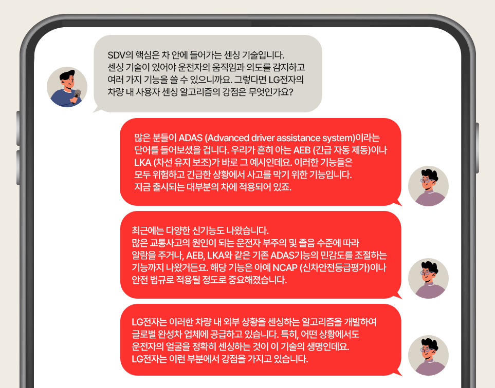 인터뷰에 응하는 LG전자 VS사업본부 인캐빈 센싱 기술 전문가 박영경 위원
SDV의 핵심은 차 안에 들어가는 센싱 기술입니다. 센싱 기술이 있어야 운전자의 움직임과 의도를 감지하고 여러 가지 기능을 쓸 수 있으니까요. 그렇다면 LG전자의 차량 내 사용자 센싱 알고리즘의 강점은 무엇인가요?
많은 분들이 ADAS (Advanced driver assistance system)이라는 단어를 들어보셨을 겁니다. 우리가 흔히 아는 AEB (긴급 자동 제동)이나 LKA (차선 유지 보조)가 바로 그 예시인데요. 이러한 기능들은 모두 위험하고 긴급한 상황에서 사고를 막기 위한 기능입니다. 지금 출시되는 대부분의 차에 적용되어 있죠.
최근에는 다양한 신기능도 나왔습니다. 많은 교통사고의 원인이 되는 운전자 부주의 및 졸음 수준에 따라 알람을 주거나, AEB, LKA와 같은 기존 ADAS기능의 민감도를 조절하는 기능까지 나왔거든요. 해당 기능은 아예 NCAP (신차안전등급평가)이나 안전 법규로 적용될 정도로 중요해졌습니다.
LG전자는 이러한 차량 내 외부 상황을 센싱하는 알고리즘을 개발하여 글로벌 완성차 업체에 공급하고 있습니다. 특히, 어떤 상황에서도 운전자의 얼굴을 정확히 센싱하는 것이 이 기술의 생명인데요. LG전자는 이런 부분에서 강점을 가지고 있습니다.