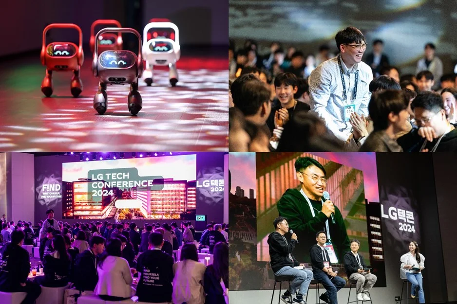 (왼쪽부터 시계 방향으로) 축하 공연을 하는 LG 스마트홈 AI 에이전트 Q9, 행사에서 즐거운 시간을 보내는 초청인재, 임직원과 함께하는 Tech Leader Talk 세션, 선후배 사원들 간 자유로운 교류의 장 Networking Session