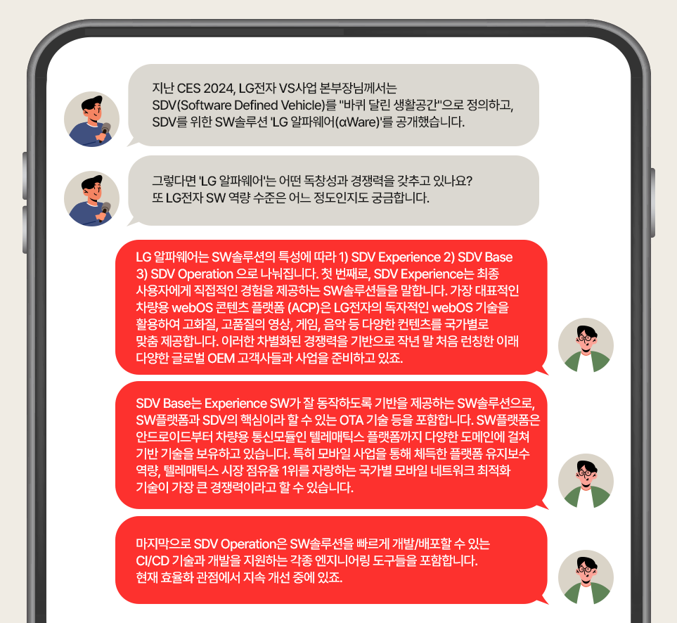 지난 CES 2024, LG전자 VS사업 본부장님께서는 SDV(Software Defined Vehicle)를 "바퀴 달린 생활공간"으로 정의하고, SDV를 위한 SW솔루션 'LG 알파웨어(αWare)'를 공개했습니다. 그렇다면 'LG 알파웨어'는 어떤 독창성과 경쟁력을 갖추고 있나요? 또 LG전자 SW 역량 수준은 어느 정도인지도 궁금합니다.

LG 알파웨어는 SW솔루션의 특성에 따라 1) SDV Experience 2) SDV Base 3) SDV Operation 으로 나눠집니다.

첫 번째로, SDV Experience는 최종 사용자에게 직접적인 경험을 제공하는 SW솔루션들을 말합니다. 가장 대표적인 차량용 webOS 콘텐츠 플랫폼 (ACP)은 LG전자의 독자적인 webOS 기술을 활용하여 고화질, 고품질의 영상, 게임, 음악 등 다양한 컨텐츠를 국가별로 맞춤 제공합니다. 이러한 차별화된 경쟁력을 기반으로 작년 말 처음 런칭한 이래 다양한 글로벌 OEM 고객사들과 사업을 준비하고 있죠. SDV Base는 Experience SW가 잘 동작하도록 기반을 제공하는 SW솔루션으로, SW플랫폼과 SDV의 핵심이라 할 수 있는 OTA 기술 등을 포함합니다. SW플랫폼은 안드로이드부터 차량용 통신모듈인 텔레매틱스 플랫폼까지 다양한 도메인에 걸쳐 기반 기술을 보유하고 있습니다. 특히 모바일 사업을 통해 체득한 플랫폼 유지보수 역량, 텔레매틱스 시장 점유율 1위를 자랑하는 국가별 모바일 네트워크 최적화 기술이 가장 큰 경쟁력이라고 할 수 있습니다.

마지막으로 SDV Operation은 SW솔루션을 빠르게 개발/배포할 수 있는 CI/CD 기술과 개발을 지원하는 각종 엔지니어링 도구들을 포함합니다. 현재 효율화 관점에서 지속 개선 중에 있죠.