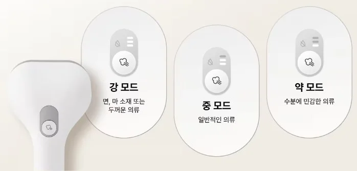 3단 스팀 조절이 가능한 빌트인 고압 스티머. 강 모드 면, 마 소재 또는 두꺼운 의류 중 모드 일반적인 의류 약 모드 수분에 민감한 의류