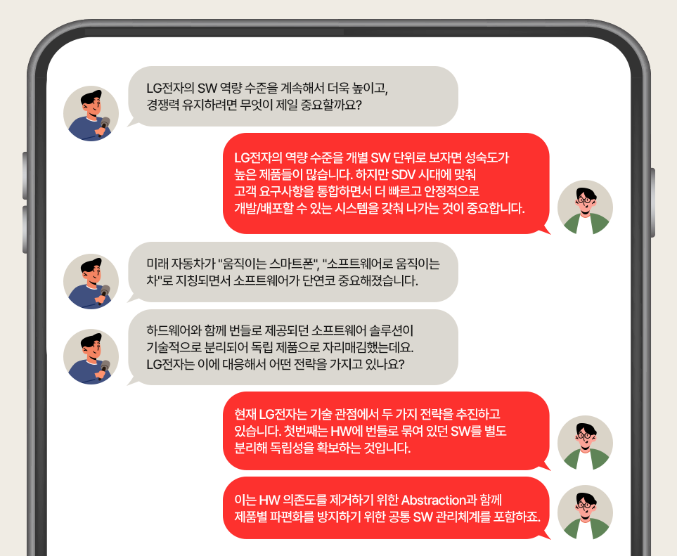 인터뷰에 응하는 SDV 기술 전문가 홍현택 위원. LG전자의 SW 역량 수준을 계속해서 더욱 높이고, 경쟁력 유지하려면 무엇이 제일 중요할까요?

LG전자의 역량 수준을 개별 SW 단위로 보자면 성숙도가 높은 제품들이 많습니다. 하지만 SDV 시대에 맞춰 고객 요구사항을 통합하면서 더 빠르고 안정적으로 개발/배포할 수 있는 시스템을 갖춰 나가는 것이 중요합니다.

미래 자동차가 "움직이는 스마트폰", "소프트웨어로 움직이는 차"로 지칭되면서 소프트웨어가 단연코 중요해졌습니다. 하드웨어와 함께 번들로 제공되던 소프트웨어 솔루션이 기술적으로 분리되어 독립 제품으로 자리매김했는데요. LG전자는 이에 대응해서 어떤 전략을 가지고 있나요? 

현재 LG전자는 기술 관점에서 두 가지 전략을 추진하고 있습니다. 첫번째는 HW에 번들로 묶여 있던 SW를 별도 분리해 독립성을 확보하는 것입니다. 이는 HW 의존도를 제거하기 위한 Abstraction과 함께 제품별 파편화를 방지하기 위한 공통 SW 관리체계를 포함하죠.