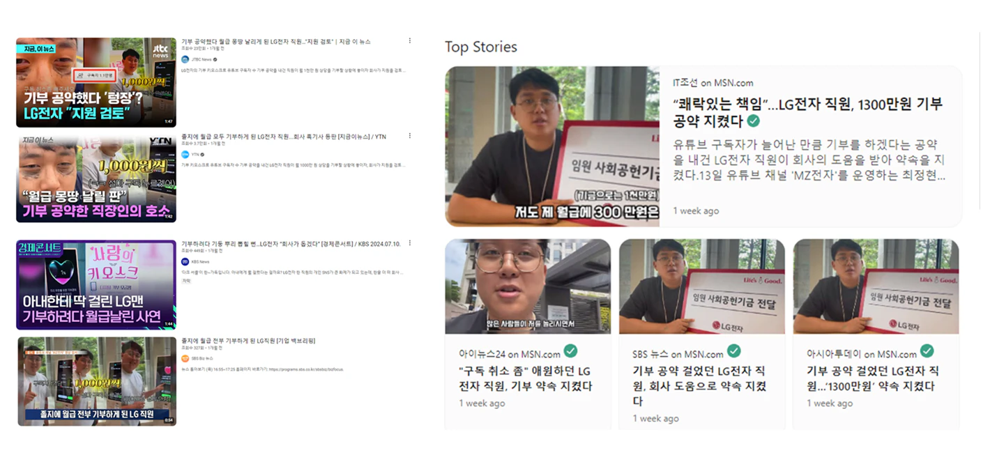 최근 여러 매체에서 화제가 된 최정현 선임의 구독자 기부 챌린지 (출처: 유튜브, 구글)