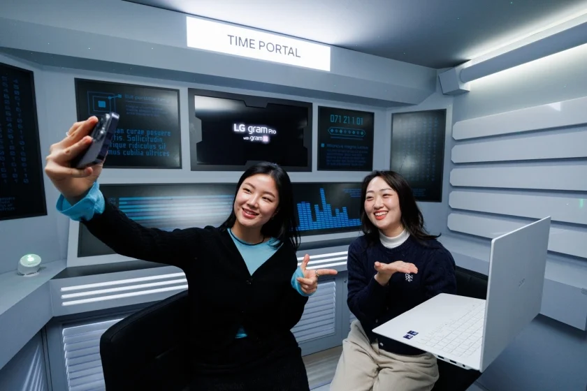 팝업스토어에서 방탈출 게임을 즐기며 AI 타임트래블, AI 요약, AI 챗봇 등 2025년형 LG 그램 프로의 주요 AI 기능을 체험하고 있는 모습.