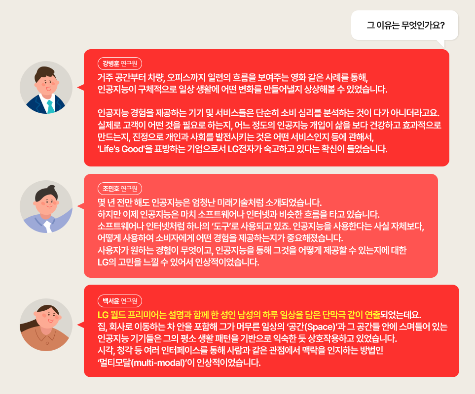 Q. 그 이유는 무엇인가요?

강병훈 연구원: 거주 공간부터 차량, 오피스까지 일련의 흐름을 보여주는 영화 같은 사례를 통해, 인공지능이 구체적으로 일상 생활에 어떤 변화를 만들어낼지 상상해볼 수 있었습니다. 

인공지능 경험을 제공하는 기기 및 서비스들은 단순히 소비 심리를 분석하는 것이 다가 아니더라고요. 실제로 고객이 어떤 것을 필요로 하는지, 어느 정도의 인공지능 개입이 삶을 보다 건강하고 효과적으로 만드는지, 진정으로 개인과 사회를 발전시키는 것은 어떤 서비스인지 등에 관해서, 'Life's Good'을 표방하는 기업으로서 LG전자가 숙고하고 있다는 확신이 들었습니다. 

조민호 연구원: 몇 년 전만 해도 인공지능은 엄청난 미래기술처럼 소개되었습니다. 하지만 이제 인공지능은 마치 소프트웨어나 인터넷과 비슷한 흐름을 타고 있습니다. 소프트웨어나 인터넷처럼 하나의 "도구"로 사용되고 있죠. 인공지능을 사용한다는 사실 자체보다, 어떻게 사용하여 소비자에게 어떤 경험을 제공하는지가 중요해졌습니다. 사용자가 원하는 경험이 무엇이고, 인공지능을 통해 그것을 어떻게 제공할 수 있는지에 대한 LG의 고민을 느낄 수 있어서 인상적이었습니다.

백서윤 연구원: LG 월드 프리미어는 설명과 함께 한 성인 남성의 하루 일상을 담은 단막극 같이 연출되었는데요. 집, 회사로 이동하는 차 안을 포함해 그가 머무른 일상의 "공간(Space)"과 그 공간들 안에 스며들어 있는 인공지능 기기들은 그의 평소 생활 패턴을 기반으로 익숙한 듯 상호작용하고 있었습니다. 시각, 청각 등 여러 인터페이스를 통해 사람과 같은 관점에서 맥락을 인지하는 방법인 "멀티모달(multi-modal)"이 인상적이었습니다.

