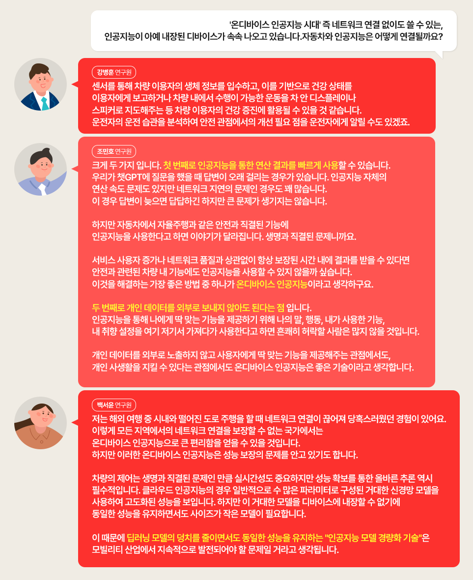 Q. '온디바이스 인공지능 시대' 즉 네트워크 연결 없이도 쓸 수 있는 인공지능이 아예 내장된 디바이스가 속속 나오고 있습니다. 자동차와 인공지능은 어떻게 연결될까요?

강병훈 연구원: 센서를 통해 차량 이용자의 생체 정보를 입수하고, 이를 기반으로 건강 상태를 이용자에게 보고하거나 차량 내에서 수행이 가능한 운동을 차 안 디스플레이나 스피커로 지도해주는 등 차량 이용자의 건강 증진에 활용될 수 있을 것 같습니다. 운전자의 운전 습관을 분석하여 안전 관점에서의 개선 필요 점을 운전자에게 알릴 수도 있겠죠.

조민호 연구원: 크게 두 가지 입니다. 첫 번째로 인공지능을 통한 연산 결과를 빠르게 사용할 수 있습니다. 우리가 챗GPT에 질문을 했을 때 답변이 오래 걸리는 경우가 있습니다. 인공지능 자체의 연산 속도 문제도 있지만 네트워크 지연의 문제인 경우도 꽤 많습니다. 이 경우 답변이 늦으면 답답하긴 하지만 큰 문제가 생기지는 않습니다. 

하지만 자동차에서 자율주행과 같은 안전과 직결된 기능에 인공지능을 사용한다고 하면 이야기가 달라집니다. 생명과 직결된 문제니까요. 

서비스 사용자 증가나 네트워크 품질과 상관없이 항상 보장된 시간 내에 결과를 받을 수 있다면 안전과 관련된 차량 내 기능에도 인공지능을 사용할 수 있지 않을까 싶습니다. 이것을 해결하는 가장 좋은 방법 중 하나가 온디바이스 인공지능이라고 생각하구요.

두 번째로 개인 데이터를 외부로 보내지 않아도 된다는 점 입니다. 인공지능을 통해 나에게 딱 맞는 기능을 제공하기 위해 나의 말, 행동, 내가 사용한 기능, 내 취향 설정을 여기 저기서 가져다가 사용한다고 하면 흔쾌히 허락할 사람은 많지 않을 것입니다.

개인 데이터를 외부로 노출하지 않고 사용자에게 딱 맞는 기능을 제공해주는 관점에서도, 개인 사생활을 지킬 수 있다는 관점에서도 온디바이스 인공지능은 좋은 기술이라고 생각합니다.

백서윤 연구원: 저는 해외 여행 중 시내와 떨어진 도로 주행을 할 때 네트워크 연결이 끊어져 당혹스러웠던 경험이 있어요. 이렇게 모든 지역에서의 네트워크 연결을 보장할 수 없는 국가에서는 온디바이스 인공지능으로 큰 편리함을 얻을 수 있을 것입니다. 하지만 이러한 온디바이스 인공지능은 성능 보장의 문제를 안고 있기도 합니다. 

차량의 제어는 생명과 직결된 문제인 만큼 실시간성도 중요하지만 성능 확보를 통한 올바른 추론 역시 필수적입니다. 클라우드 인공지능의 경우 일반적으로 수 많은 파라미터로 구성된 거대한 신경망 모델을 사용하여 고도화된 성능을 보입니다. 하지만 이 거대한 모델을 디바이스에 내장할 수 없기에 동일한 성능을 유지하면서도 사이즈가 작은 모델이 필요합니다. 이 때문에 딥러닝 모델의 덩치를 줄이면서도 동일한 성능을 유지하는 "인공지능 모델 경량화 기술"은 모빌리티 산업에서 지속적으로 발전되어야 할 문제일 거라고 생각됩니다.
