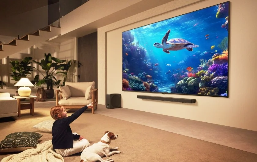LG QNED 에보가 어두워지고 있는 저녁 시간의 가정집에서도 선명한 밝기를 보여주는 모습

TV 화면에는 바닷속 해양 생물이 생생하게 표현된 영상이 재생되고 있으며, 거북이가 중앙에 위치해 있다.
TV 아래에는 사운드바와 서브우퍼가 설치되어 있고, 공간 한쪽에는 식물과 소파, 조명이 배치되어 있으며, 바닥에는 푹신한 매트와 쿠션이 깔려 있다.