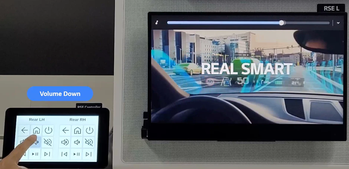 뒷좌석 좌측 디스플레이(RSE L)에는 ‘REAL SMART’라는 문구와 함께 전방 도로에 증강현실로 표시된 주행 정보가 나타나고 있다. 좌측에는 탑승자가 사용하는 전용 터치 컨트롤러가 배치되어 있으며, 사용자가 홈 버튼을 터치하고 있는 모습이 보인다. 컨트롤러에는 음소거, 재생, 볼륨 조절, 전원 등 다양한 조작 버튼이 포함되어 있다.