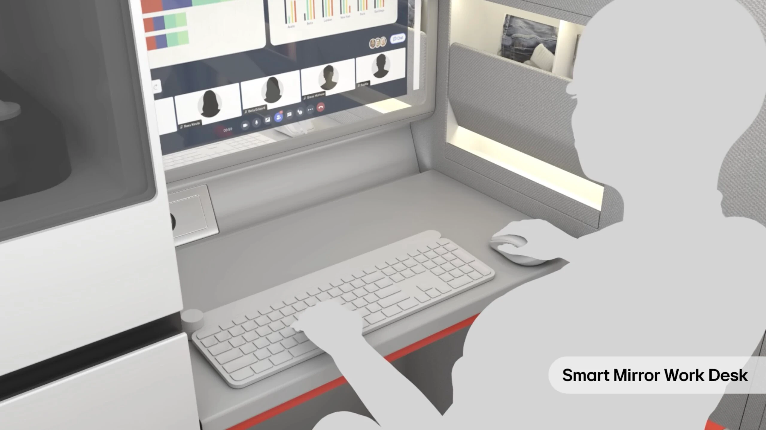 전기 밴 차량 내부에 설치된 스마트 미러 워크 데스크에서 사용자가 컴퓨터를 사용 중인 모습을 보여주는 3D 그래픽. 모니터에는 영상회의 화면과 그래프가 표시되어 있다.