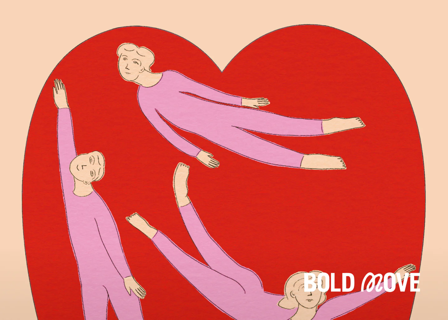 붉은 하트 안에서 분홍색 옷을 입은 세 명의 인물이 자유롭게 떠다니고 있는 일러스트. 하단에 'BOLD MOVE'라는 텍스트가 있다.