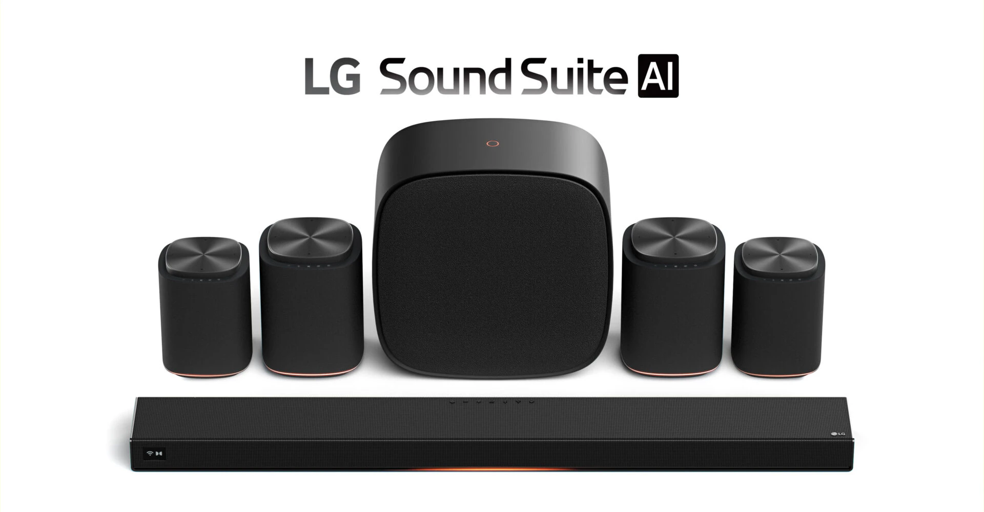LG전자가 어떤 공간에서도 최적화된 사운드를 구현하는 'LG 사운드 스위트(LG Sound Suite)'를 공개한다. 최초로 돌비 애트모스 플렉스커넥트(DAFC)를 지원하는 사운드바(사진 하단)와 무선 서라운드 스피커(사진 왼쪽에서 첫 번째·두 번째 및 오른쪽에서 첫 번째·두 번째), 서브우퍼(사진 중앙)로 구성된 신개념 프리미엄 오디오 시스템이다.